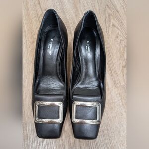 La Canadienne Black Leather Heels with Silver Buckle